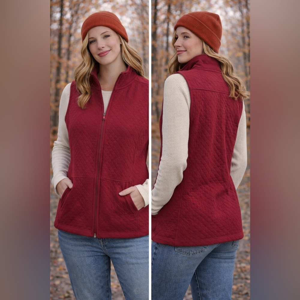 Karen Scott Sport Petite Quilted Zip‎ Vest Burgundy Red Medium